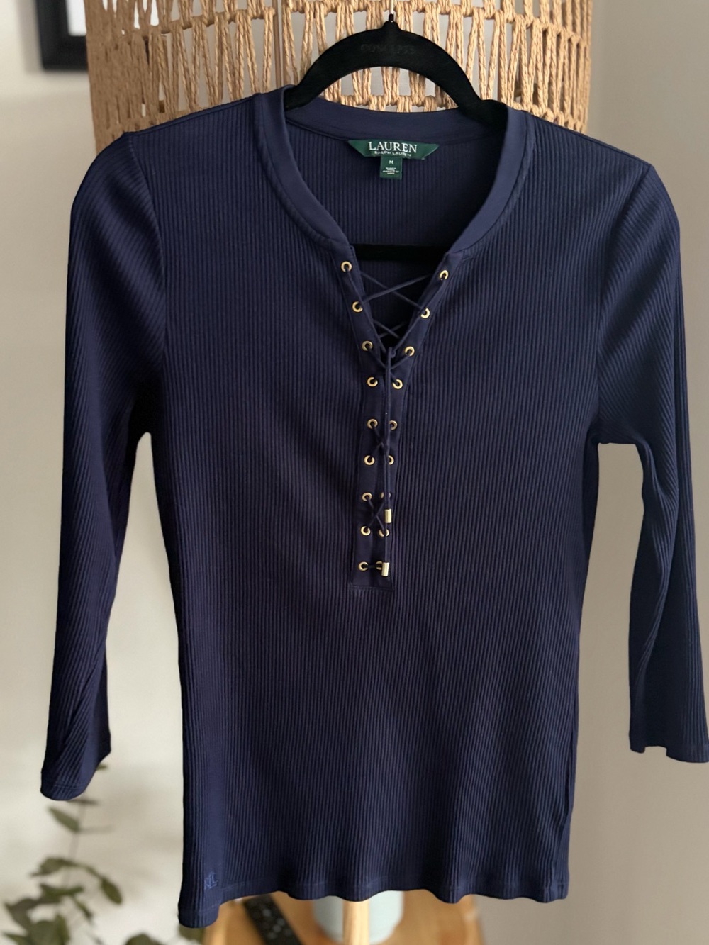 Ralph Lauren Navy Ribbed Lace-Up Quarter Length Sleeve Top